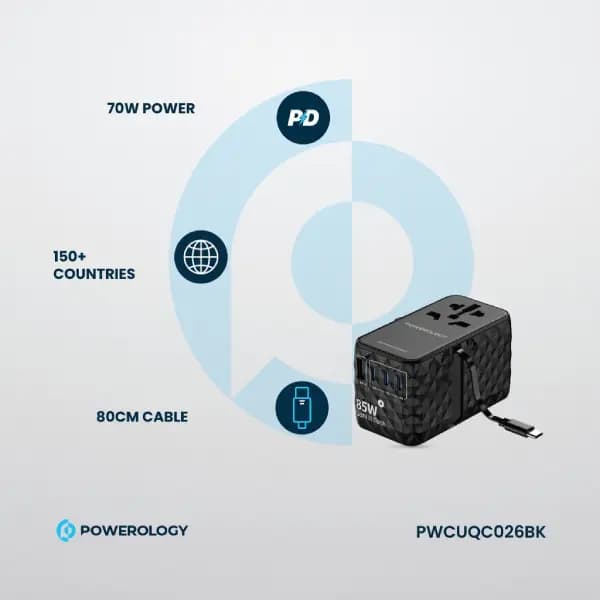 شارژر ۸۵ وات یونیورسال GaN با کابل جمع‌شونده Type-C پاورولوژی مدل Powerology Universal GaN 85W Super Charger Retractable Type-C Cable — تصویر ۶