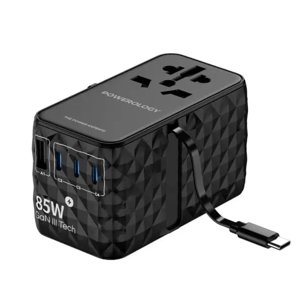 شارژر ۸۵ وات یونیورسال GaN با کابل جمع‌شونده Type-C پاورولوژی مدل Powerology Universal GaN 85W Super Charger Retractable Type-C Cable