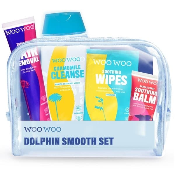 گیفت ست دلفین woowoo اصل | ژل شستشوی مخصوص + کرم موبر + دستمال پاک کننده + بالم تسکین دهنده اندام حساس