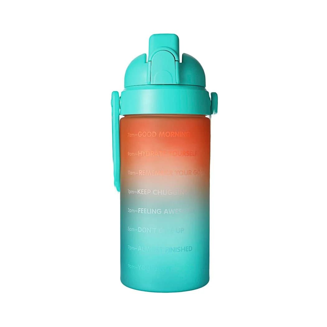 بطری اسپرت مینیسو، مدل Water Bottle with Motivational Time Marker & Straw، پلاستیک، سبز/نارنجی، 2 لیتر