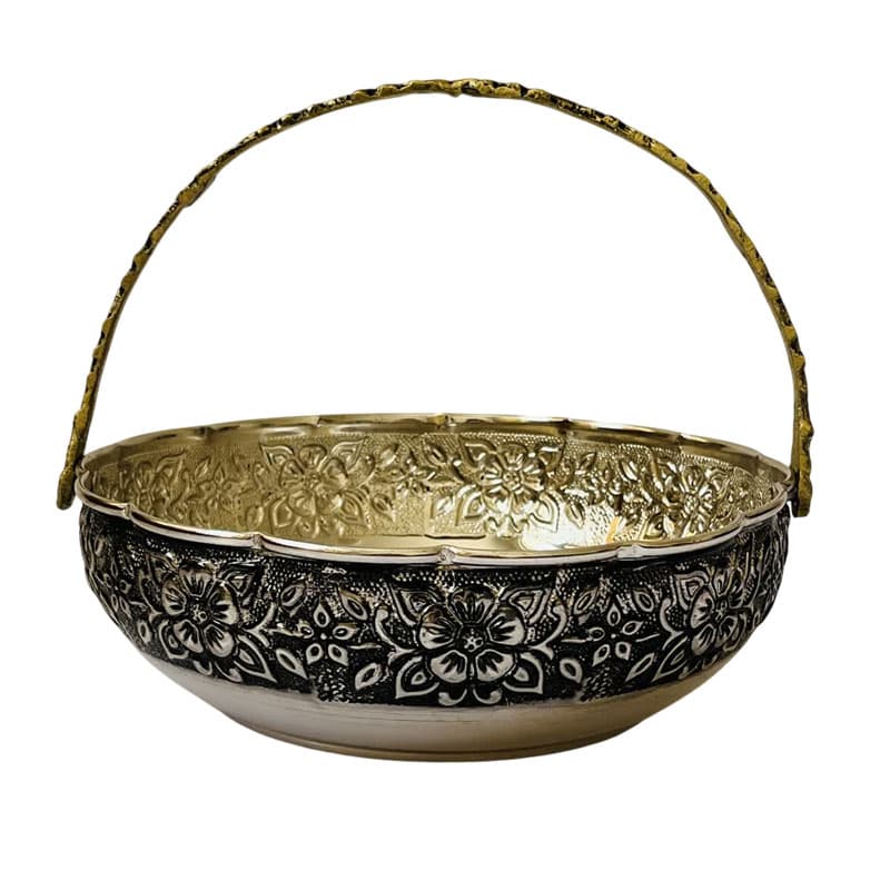 سبد میوه مسی لب چین دسته دار قلم زنی کروم بزرگ با کد ZH319.6