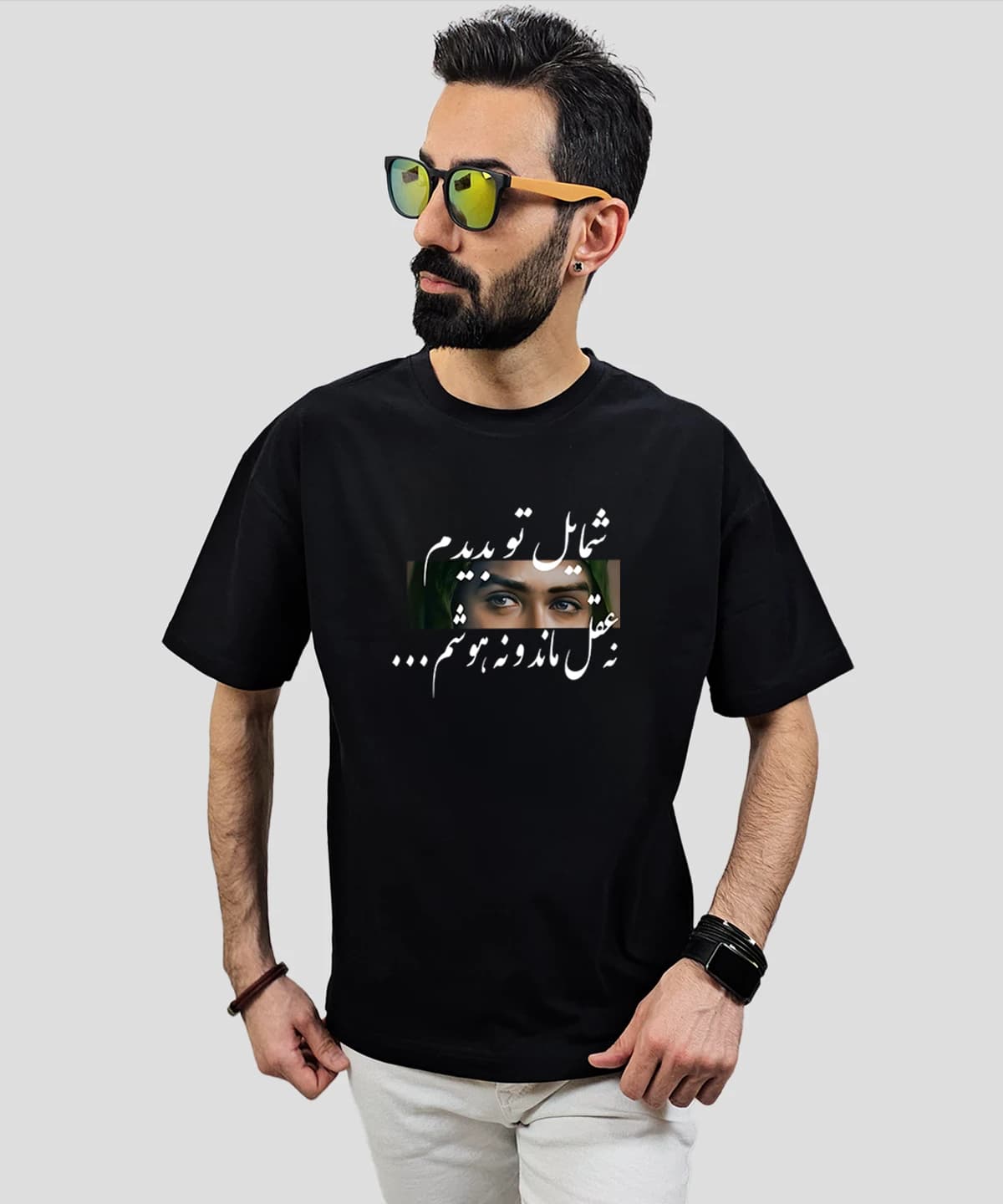 تیشرت لش مردانه و زنانه مذهبی طرح شمایل تو بدیدم نه عقل ماند و نه هوشم — تصویر ۳
