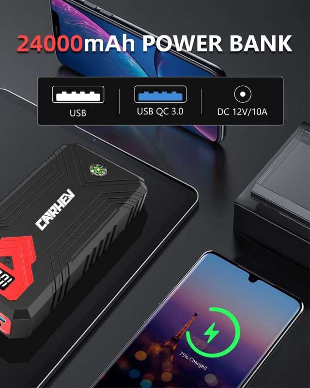 جامپر استارتر و پاور بانک 24000 میلی آمپر مدل 3000A Jump Starter برند CARHEV — تصویر ۴