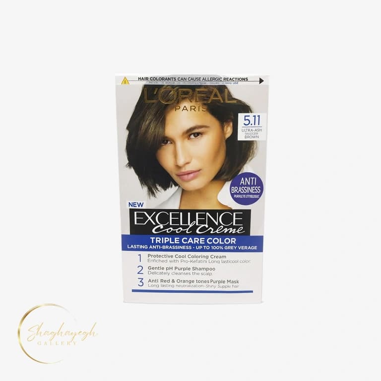 رنگ مو لورآل اکسلانس کول کرم شماره ۵.۱۱ قهوه‌ای روشن خاکستری خیلی سرد L’Oréal Excellence Cool Crème 5.11 Ultra Ash Light Brown