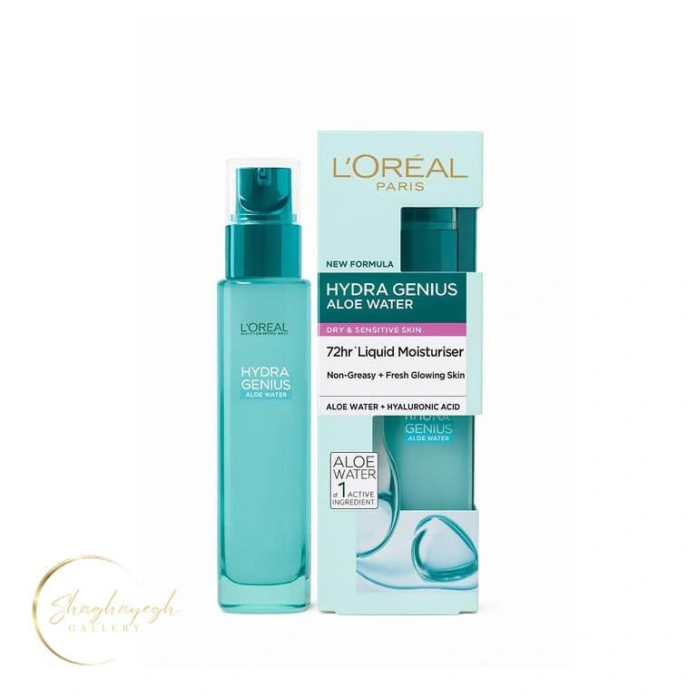 ژل آبرسان مایع ۷۲ ساعته پوست خشک و حساس لورآل هیدرا جنیوس Aloe Water حجم ۷۰ میل