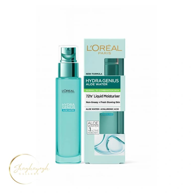 ژل آبرسان مایع ۷۲ ساعته پوست نرمال تا مختلط لورآل هیدرا جنیوس Aloe Water حجم ۷۰ میل