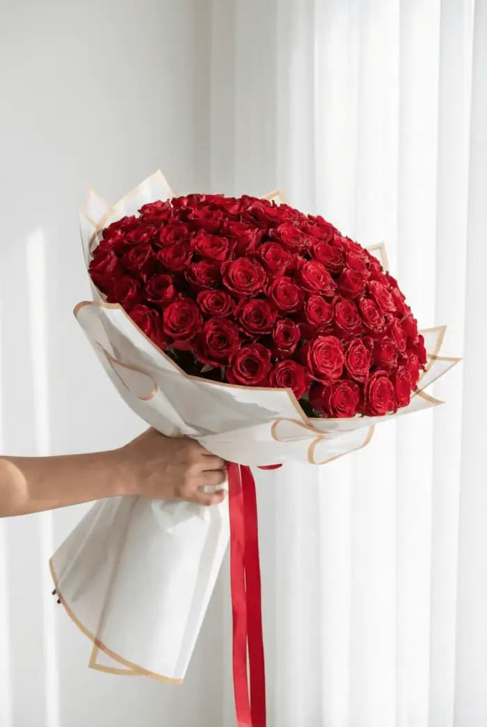 دسته گل 200 شاخه رز قرمز کد 10001 – بلورا — تصویر ۲