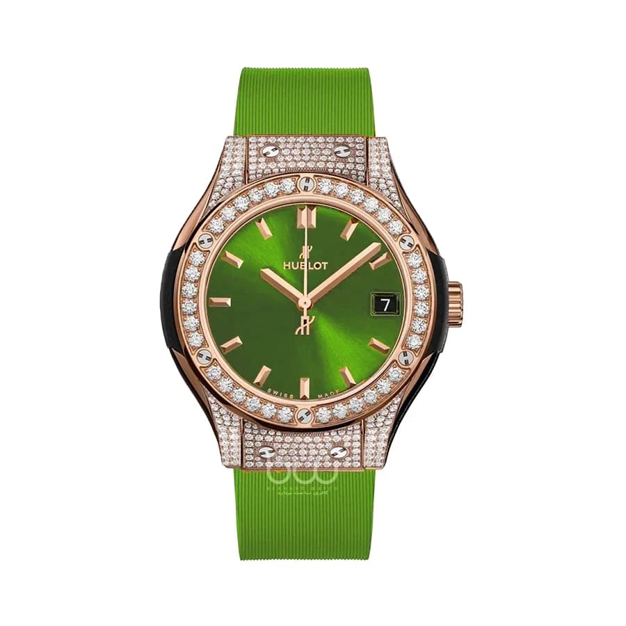 ساعت مچی هابلوت زنانه مدل Hublot Classic Fusion Green King Gold Pave