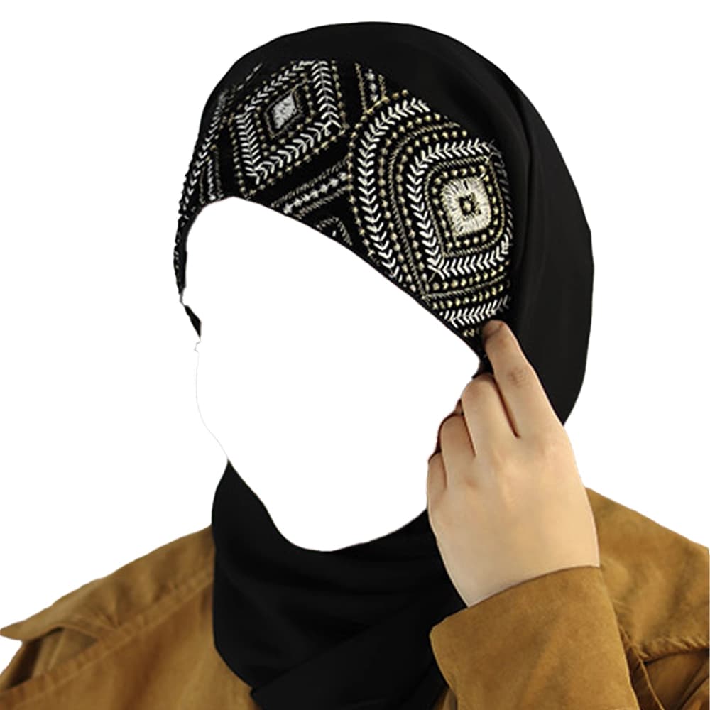 هدشال گرد سوزن دوزی ژورژت مشکی سوزن دوزی سفید طلایی کد 4024