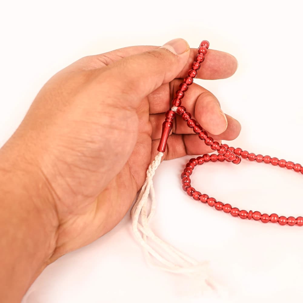 تسبیح 101 دانه گرد پلاستیکی رنگ قرمز کد 0395 — تصویر ۲