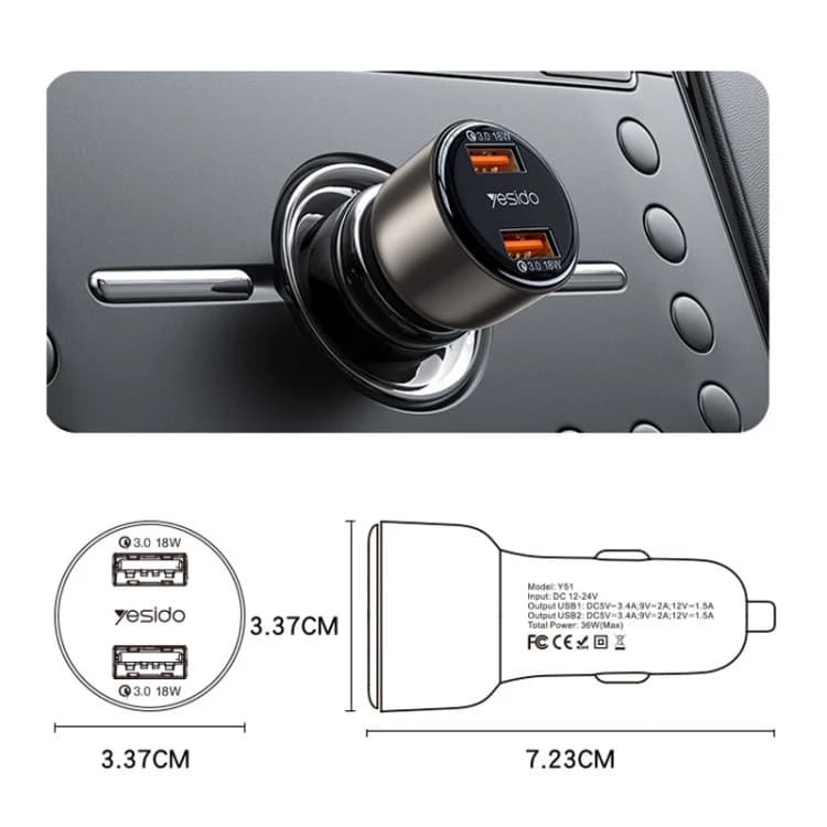 شارژر فندکی یسیدو مدل Y51 36W دو پورت — تصویر ۸