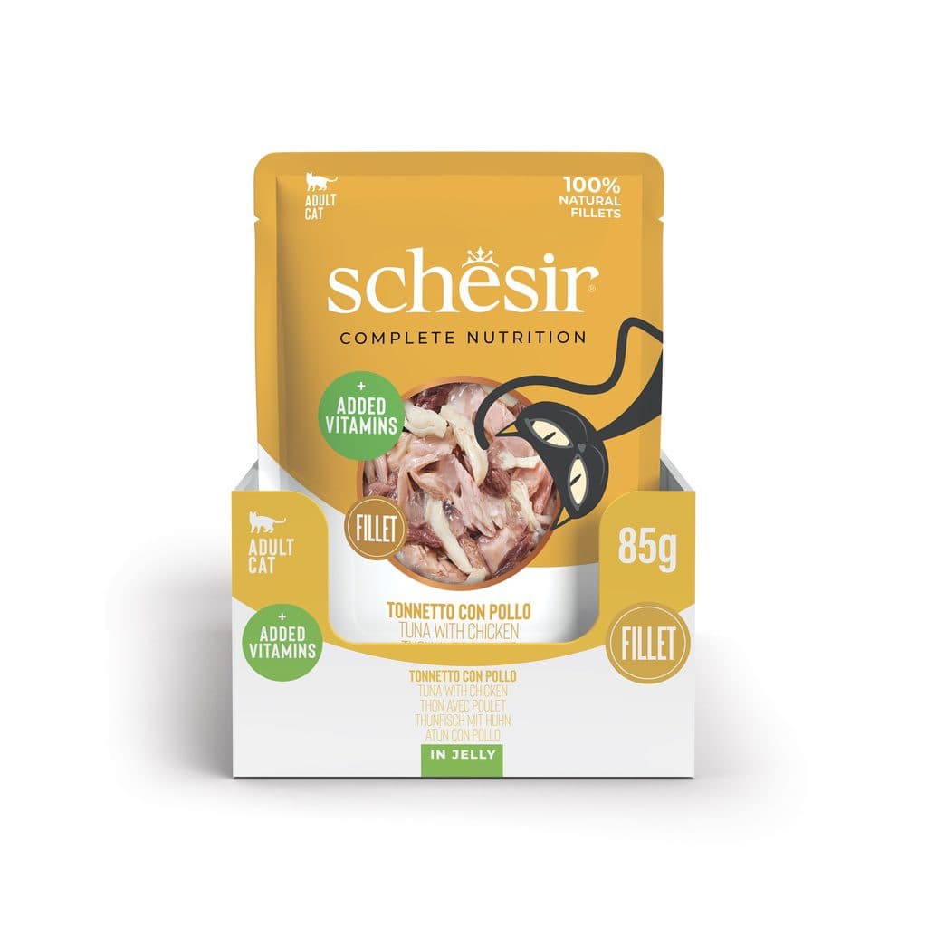 پوچ گربه شسیر با طعم ماهی تن و فیله مرغ وزن 85 گرم