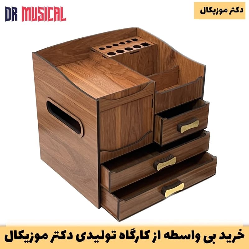 استند لوازم آرایش چوبی مدل سه کشو دارای جای دستمال کاغذی به همراه مقسم دایره ای – خرید بی واسطه از تولیدی