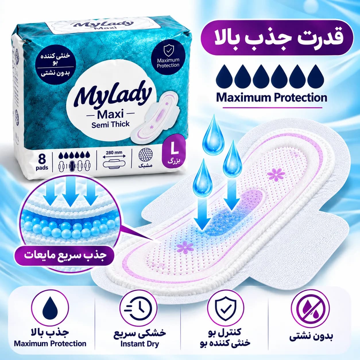 ‫نوار بهداشتی بالدار مای لیدی مدل Maxi نیمه ضخیم مشبک سایز L بسته 8 عددی — تصویر ۵