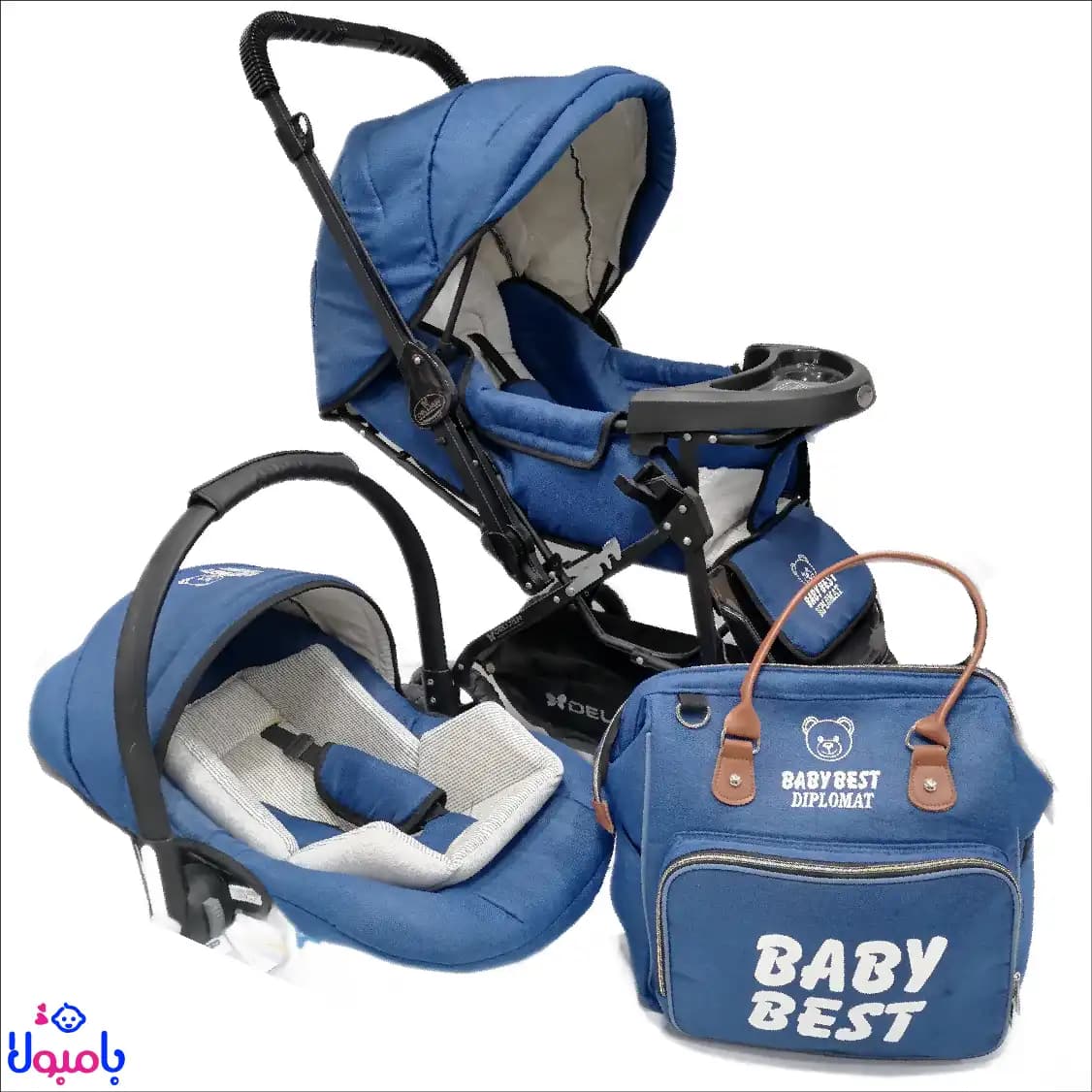 سرویس کالسکه و کریر به همراه کیف مادر baby best آبی