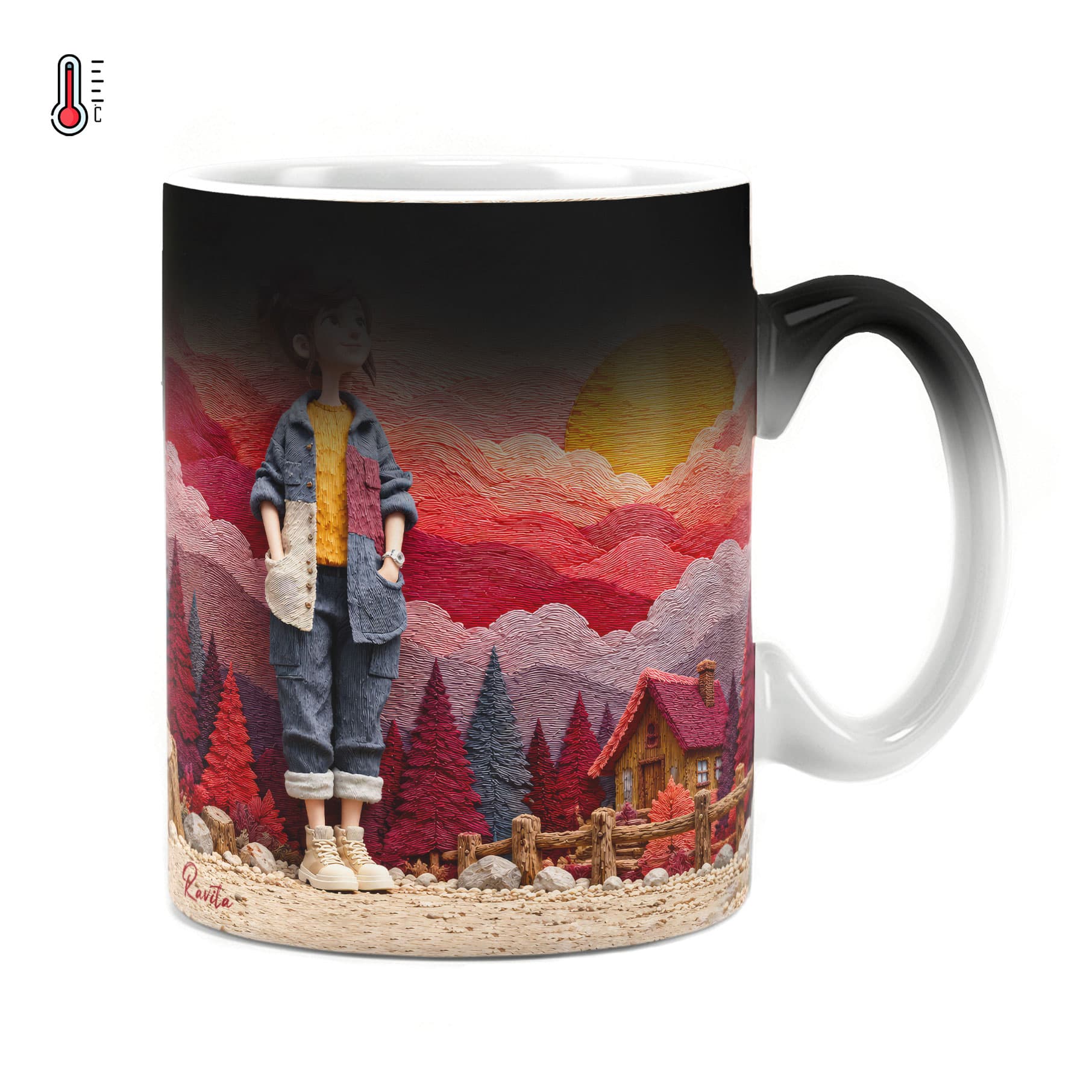 ماگ حرارتی راویتا طرح دختر در غروب جنگل رنگی – Girl in a Colorful Forest Sunset کد 3955