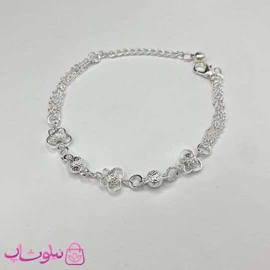 دستبند آبکاری نقره زنانه طرح توپی و گل کد 110