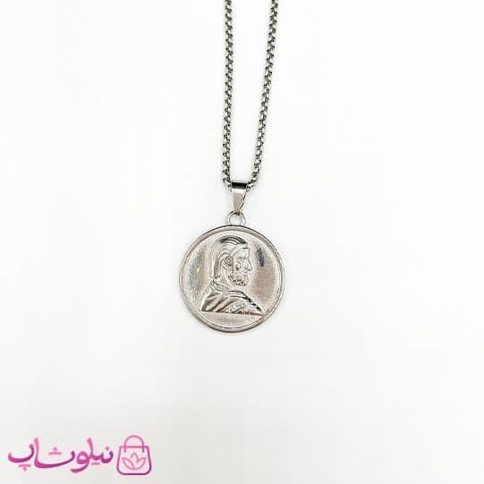 گردنبند مردانه استیل طرح کوروش دو رو نقره ای کد 180 — تصویر ۲