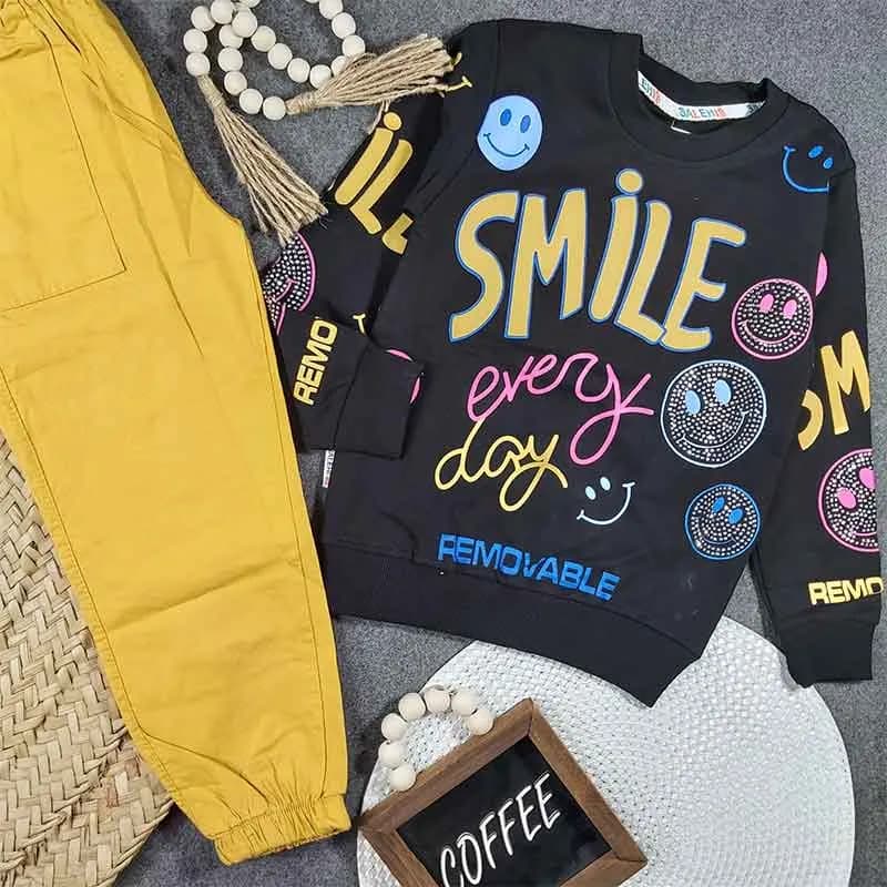 بلوز شلوار دخترانه طرح SMILE جنس پنبه سوپر و کتان کد 9065 — تصویر ۳