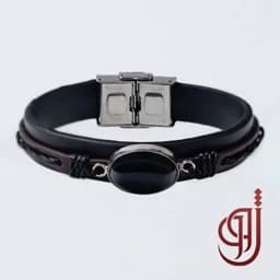 دستبند نقره و چرم طبیعی ژوو مدل شیلد (سپر) ، سنگ اونیکس سیاه اصل معدنی دستساز (کادو تولد شیک و پرقدرت مردانه و زنانه) — تصویر ۲