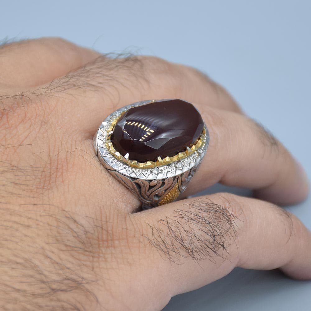 انگشتر عقیق یمنی درشت، خوشرنگ و تراشدار مردانه «کد 6014» — تصویر ۵