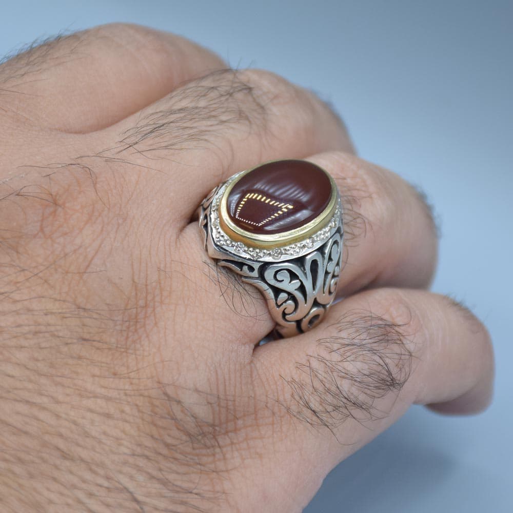 انگشتر عقیق یمنی خاص و خوشرنگ با 10 عدد الماس مردانه «کد 5989» — تصویر ۵