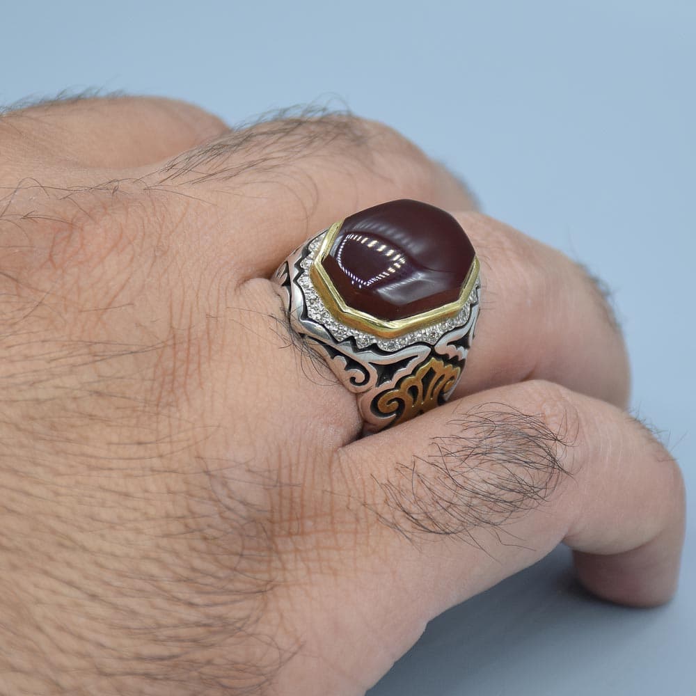 انگشتر عقیق یمنی خاص و خوشرنگ با 24 عدد الماس مردانه «کد 5998» — تصویر ۵