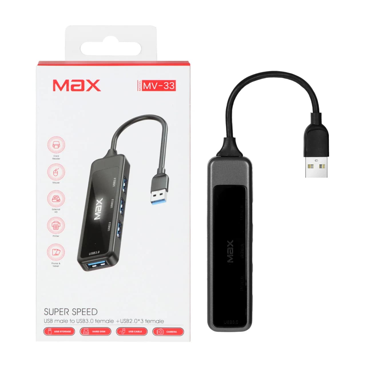هاب 4 پورت Max مدل MV-33 – خاکستری – MMX
