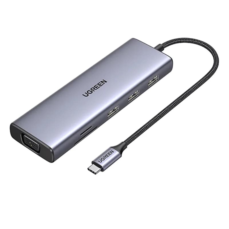هاب ۹ پورت USB-C یوگرین مدل CM498-15600 با 3 پورت USB 3.0 و 1 پورت HDMI و VGA و RJ45 و کارت حافظه SD/TF و PD