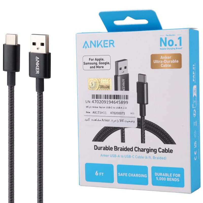 کابل شارژ اصلی انکر مدل A8173 3A USB to Type-c طول 1.8m
