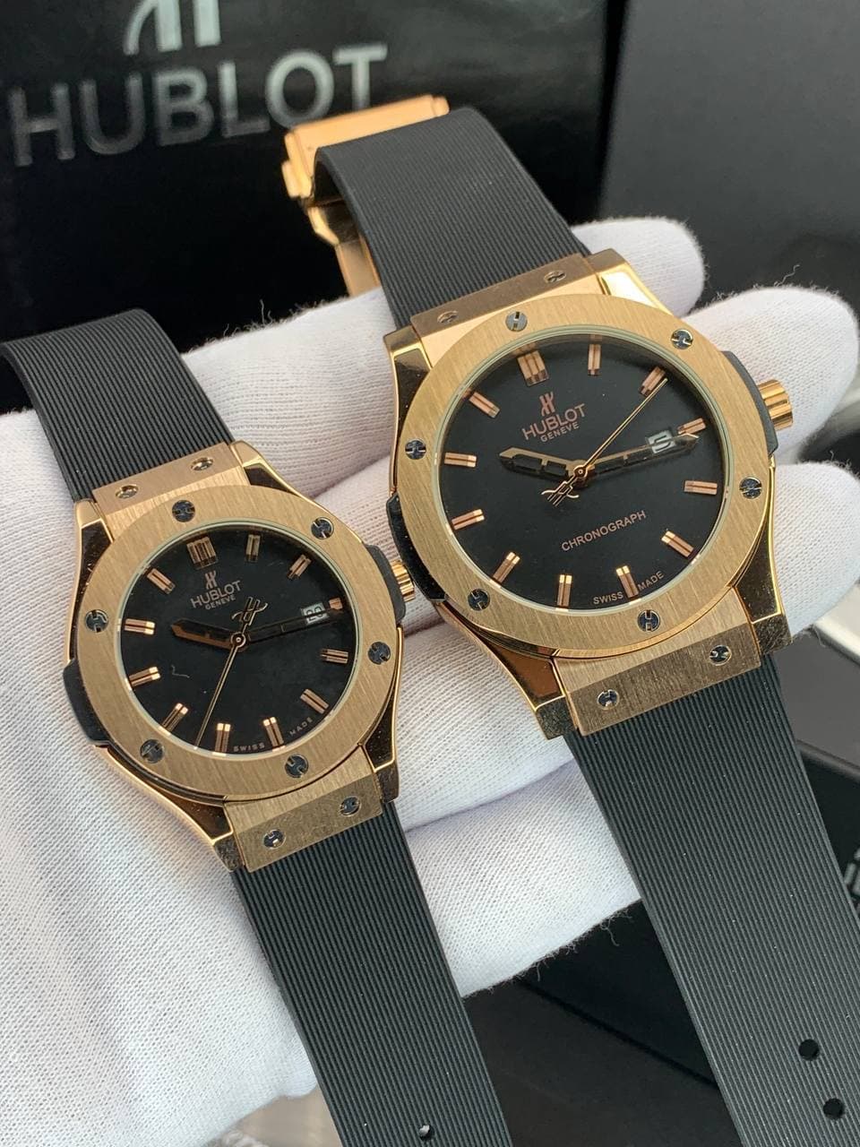 ست ساعت زنانه و مردانه هابلوت Hublot بند رابر موتور ژاپن کیفیت عالی رنگ ثابت کد 2116864 — تصویر ۵