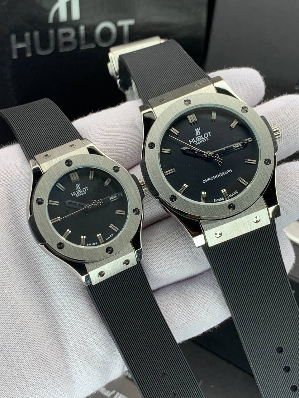ست ساعت زنانه و مردانه هابلوت Hublot بند رابر موتور ژاپن کیفیت عالی رنگ ثابت کد 2116864 — تصویر ۴