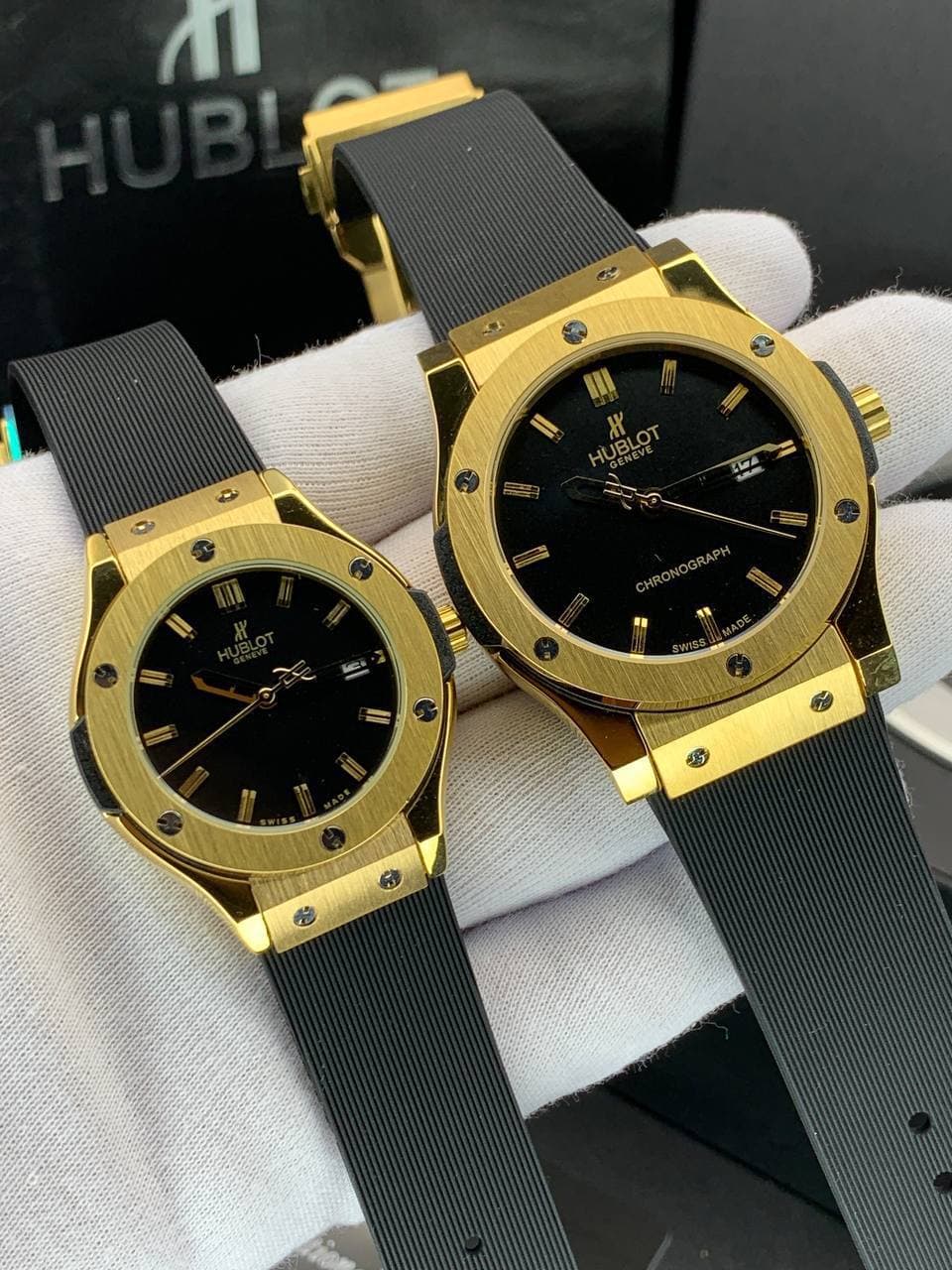 ست ساعت زنانه و مردانه هابلوت Hublot بند رابر موتور ژاپن کیفیت عالی رنگ ثابت کد 2116864 — تصویر ۳
