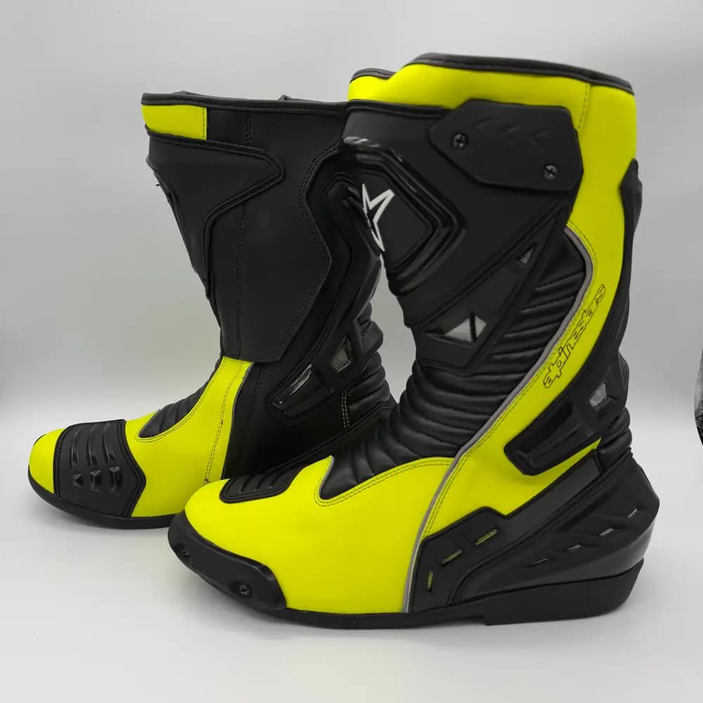 بوت موتورسواری ریسی Alpinestars چرم طبیعی فول پروتکشن مشکی زرد فسفری — تصویر ۲