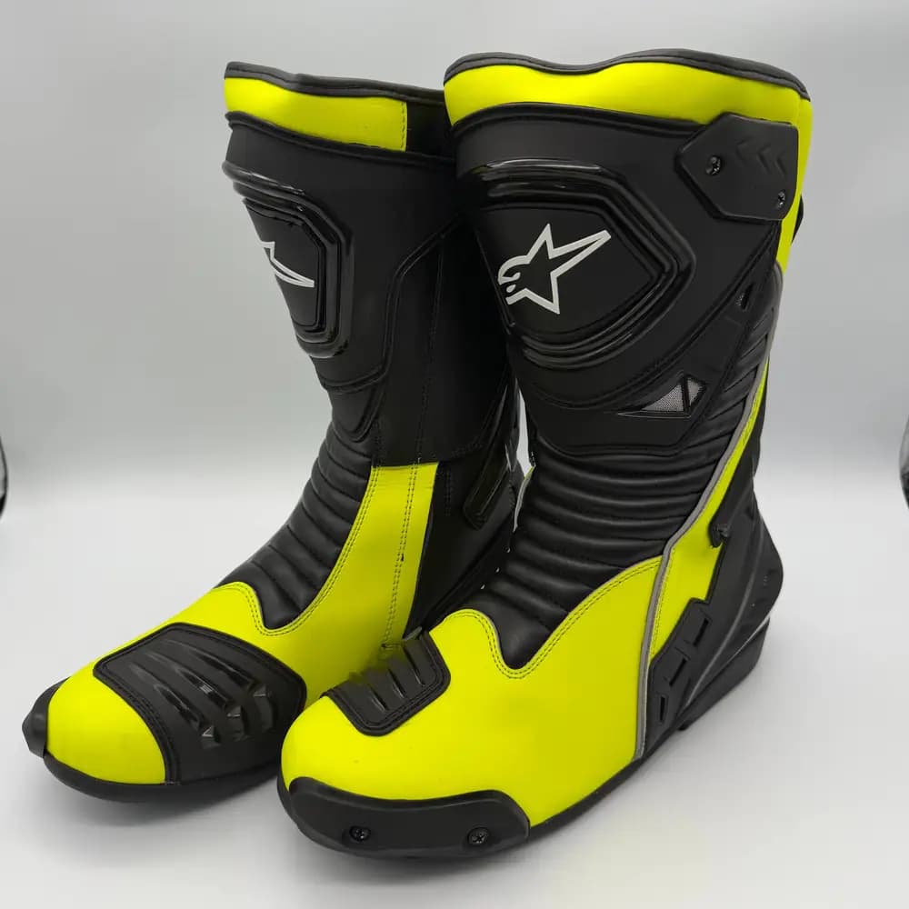 بوت موتورسواری ریسی Alpinestars چرم طبیعی فول پروتکشن مشکی زرد فسفری