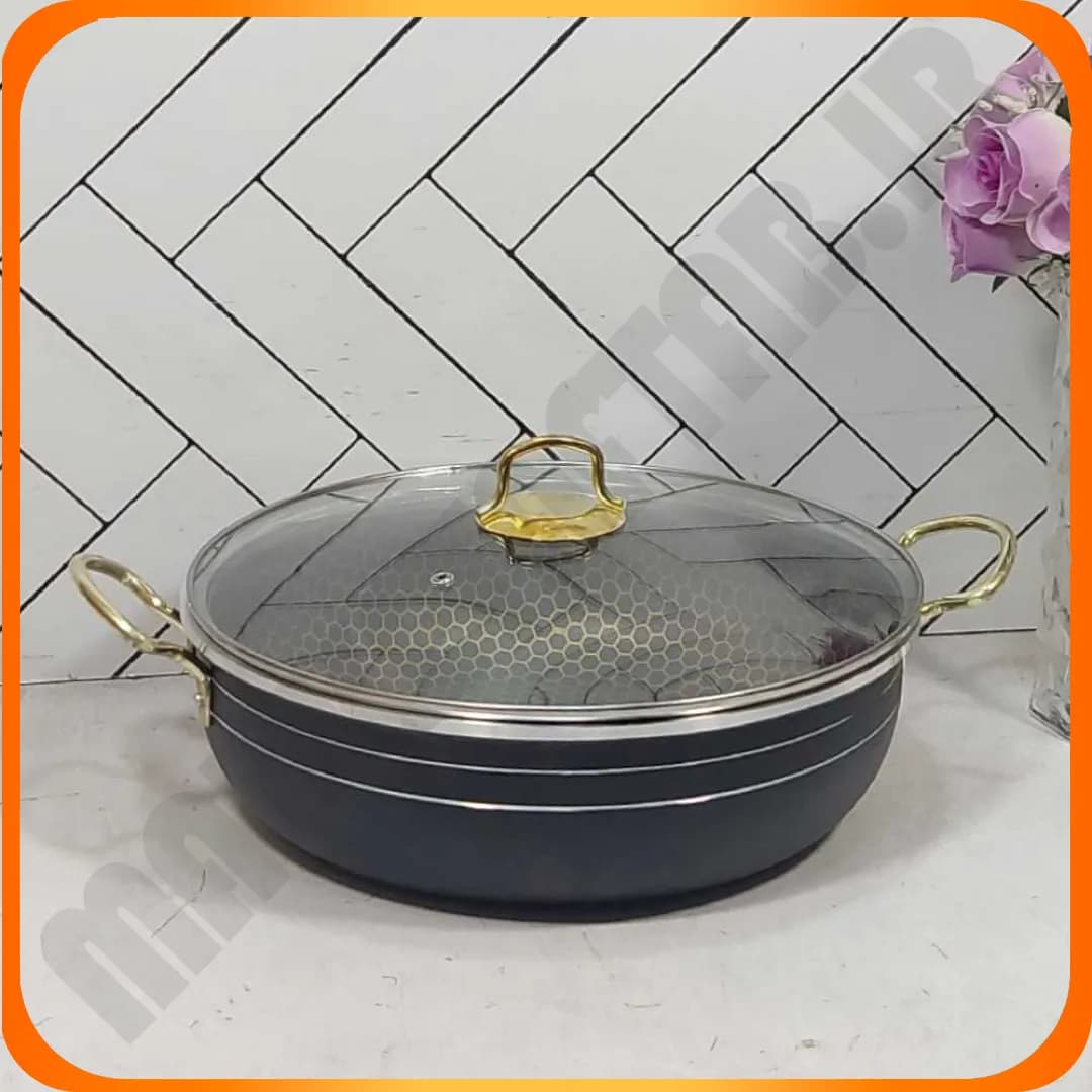 تابه تک سایز 28 دسته طلایی درب پیرکس زنبوری زومبا