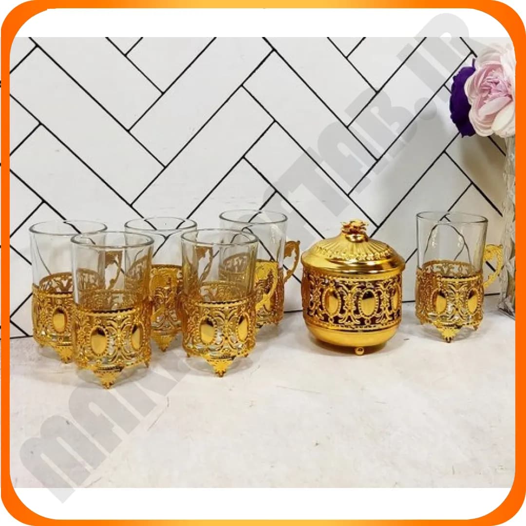 سرویس چایخوری با قندان طلایی نگین درشت خاتم