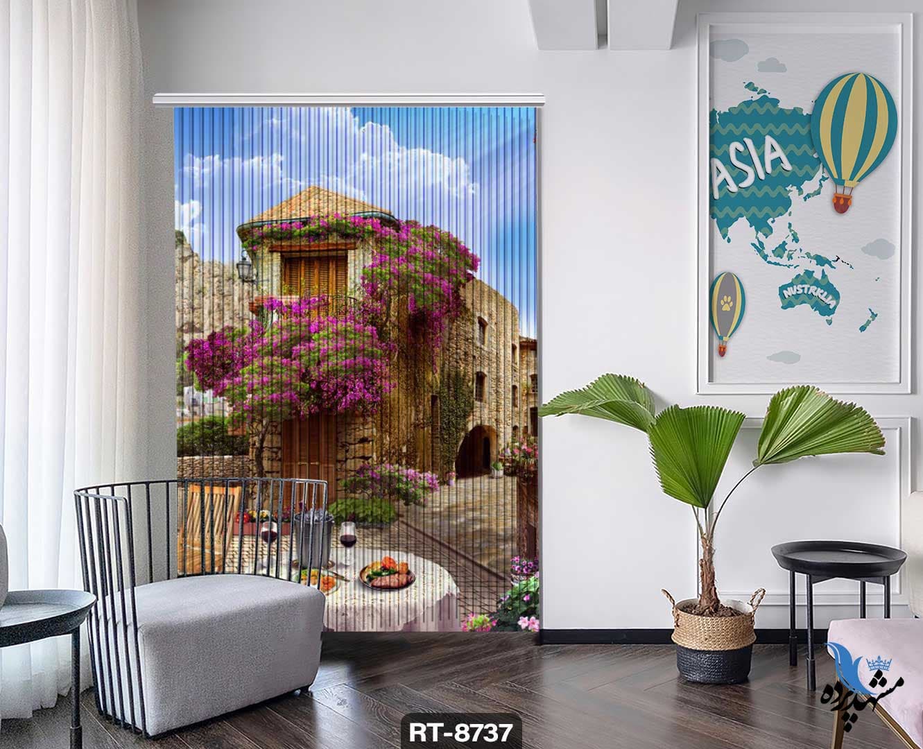 پرده شرشره تصویری طرح خانه سنتی کنار کوه RT8737