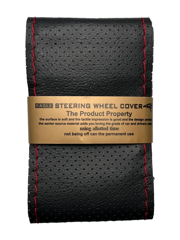 دور فرمان دوختی چرم طبیعی سوزنی مشکی دوخت قرمز