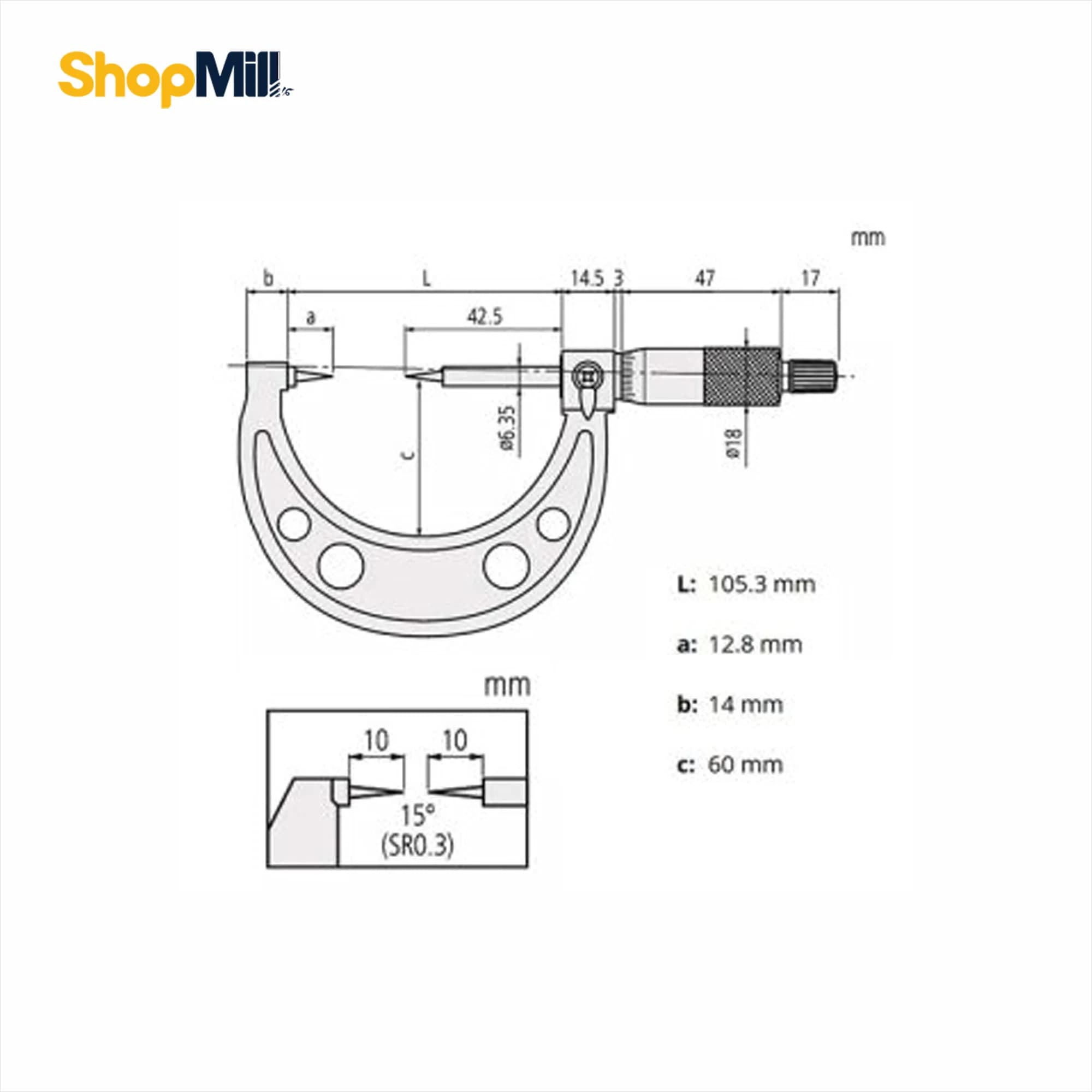 میکرومتر ساده میتوتویو (Mitutoyo) 50-75 میلیمتر فک سوزنی مدل 167-112 — تصویر ۳