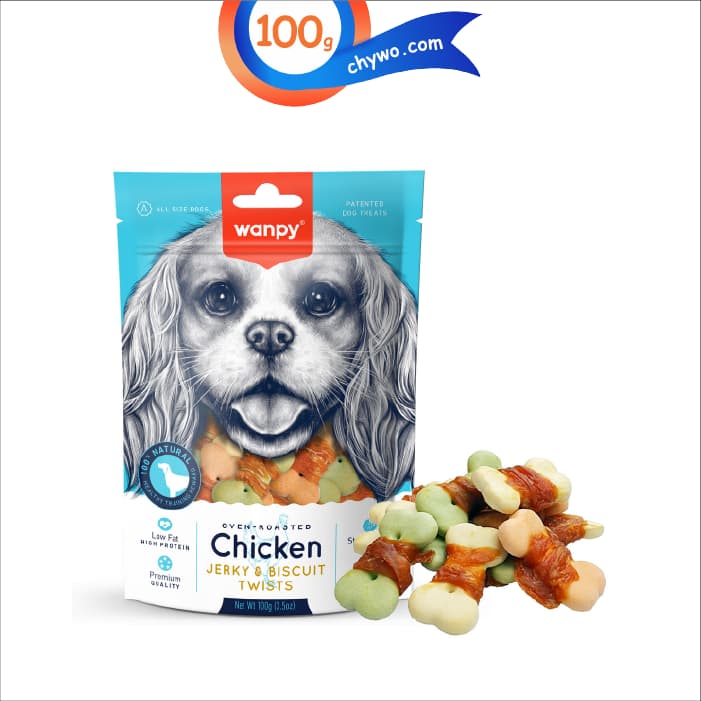 تشویقی سگ ونپی بیسکویتی دورپیچ مرغ وزن 100 گرم Wanpy Chicken Biscuit Twists