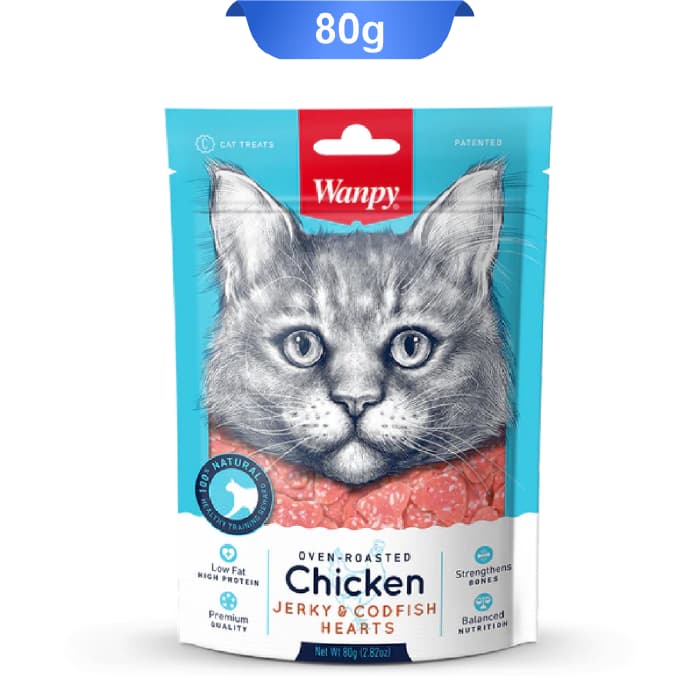 تشویقی گربه ونپی طعم مرغ و ماهی کاد قلبی وزن 80 گرم Wanpy Chicken Jerky & Codfish Hearts