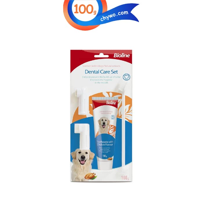 ست خمیر دندان مسواک سگ بایولاین طعم مرغ وزن 100گرم Bioline toothpaste with Chicken Flavor
