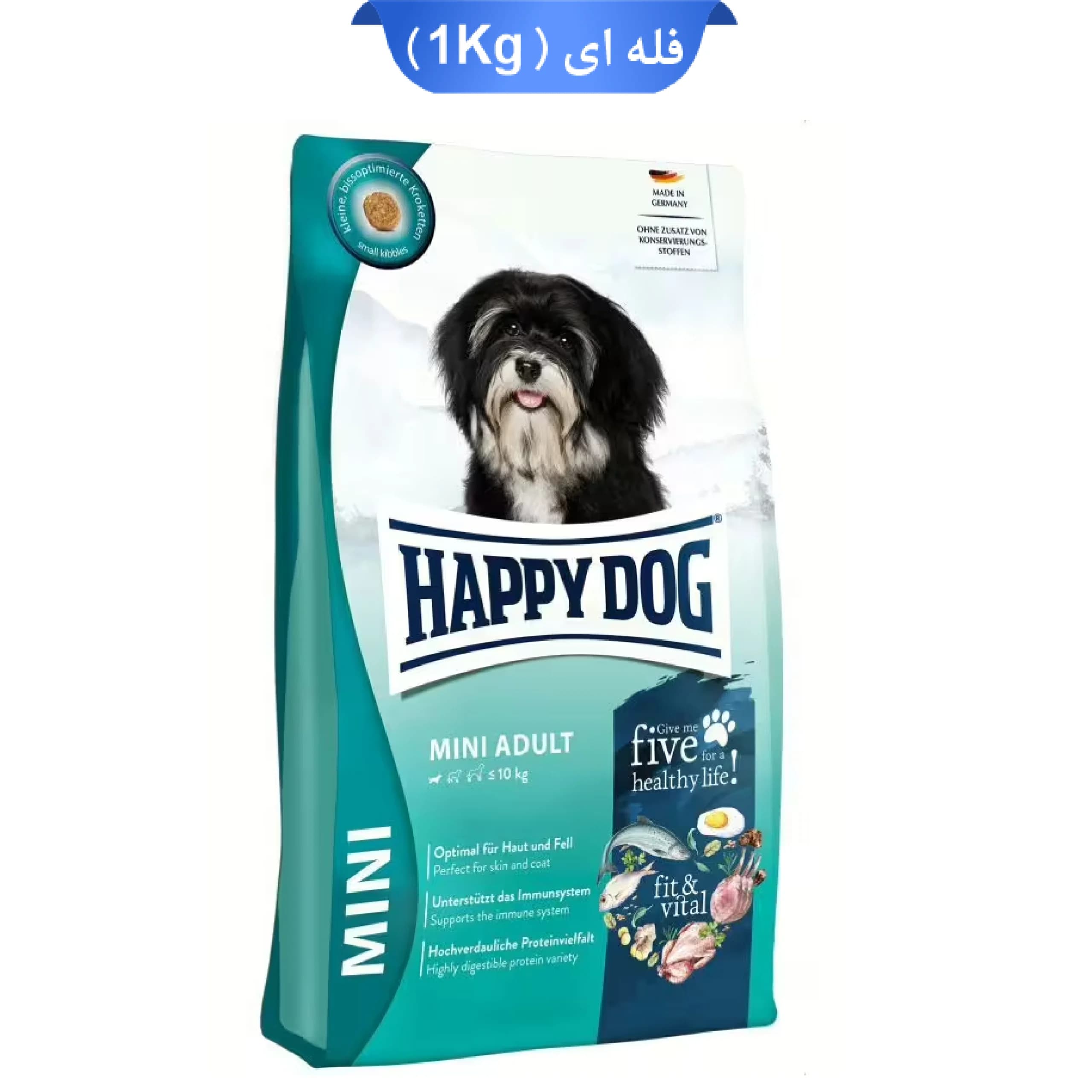 غذا خشک سگ بالغ نژاد کوچک هپی داگ طعم مرغ و ماهی و بره مدل مینی ادالت وزن 1 کیلوگرم (زیپ کیپ فله) Happy Dog Mini Adult