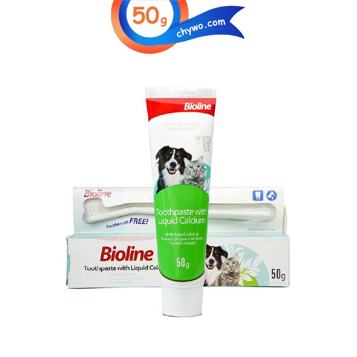 ست خمیر دندان و مسواک گربه و سگ بایولاین همراه با کلسیم وزن 50 گرم Bioline Toothpaste with Liquid Calcium