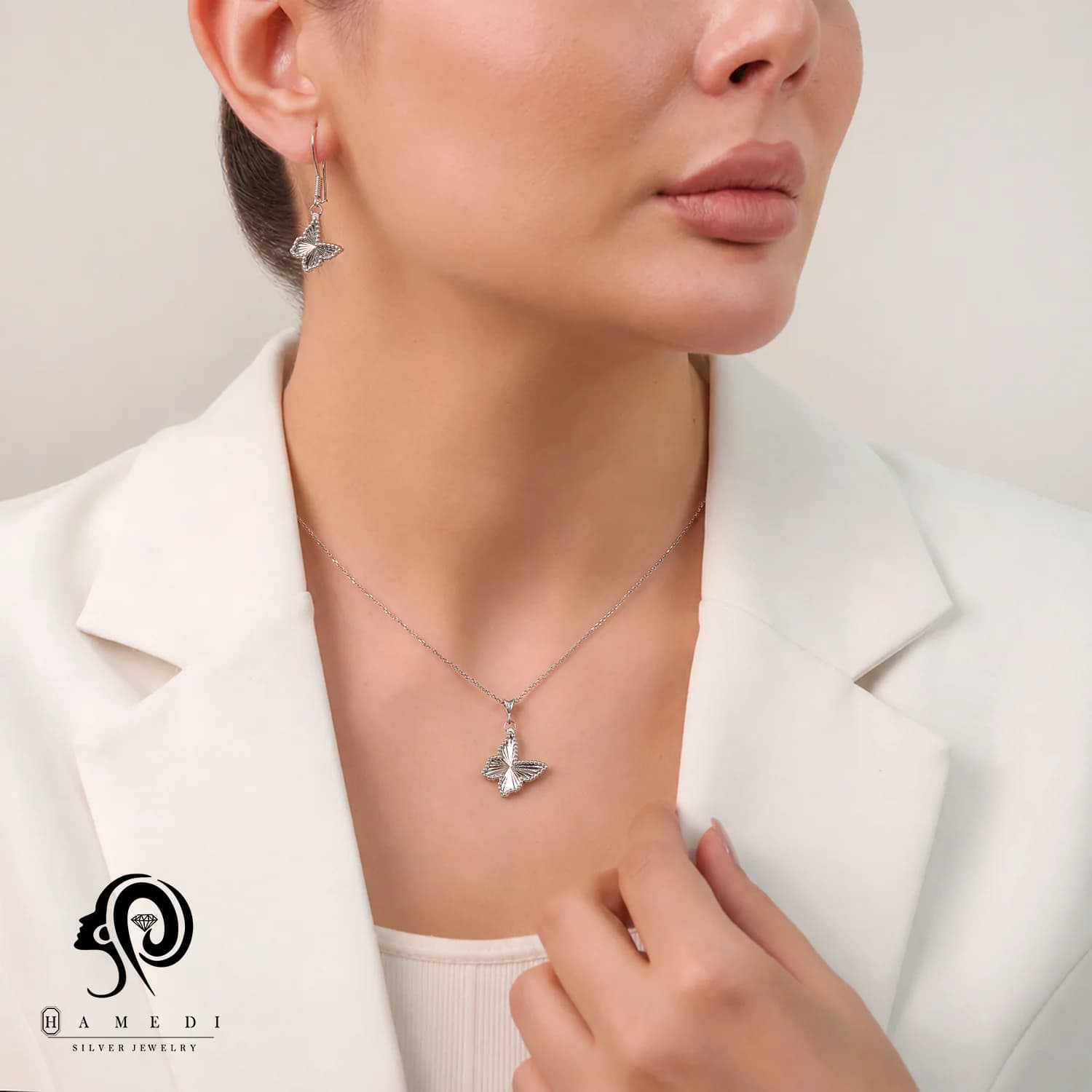 نیم ست نقره زنانه تراش پروانه مدل NIR T3 — تصویر ۲