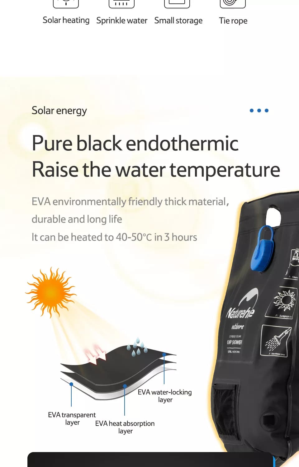 کیسه دوش خورشیدی نیچرهایک Naturehike portable 20L EVA Camping Solar Shower Bag — تصویر ۳