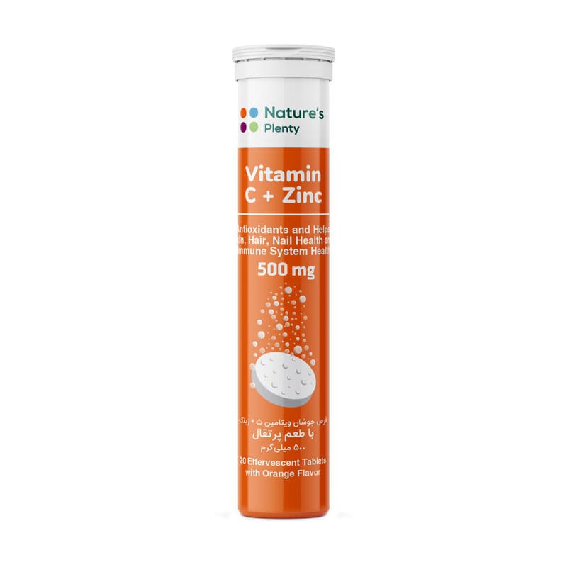 قرص جوشان ویتامین C و زینک با طعم پرتقال نیچرز پلنتی 500 میلی گرم 20 عدد Natures Plenty Vitamin C And Zinc 20 Effervescent Tablets
