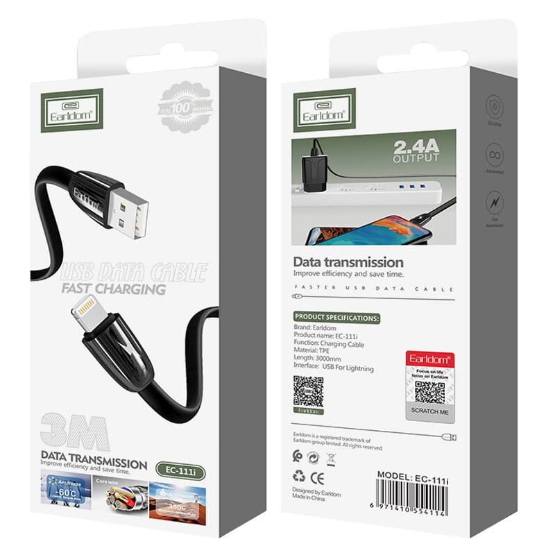 کابل آیفونی فست شارژ 2.4 آمپر ارلدام EC-111i طول 3 متر — تصویر ۷