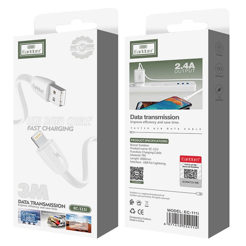 کابل آیفونی فست شارژ 2.4 آمپر ارلدام EC-111i طول 3 متر — تصویر ۶